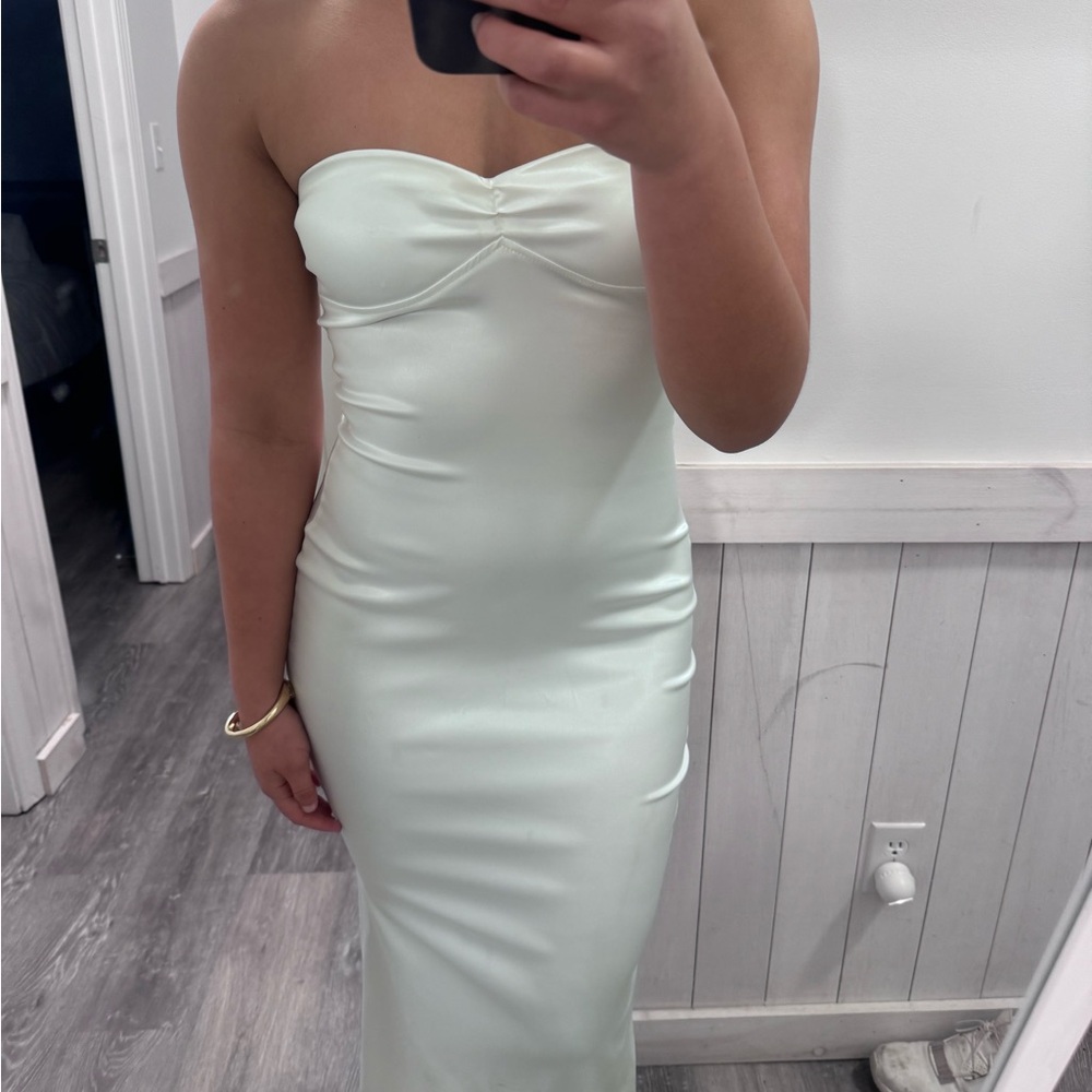 Edikted Strapless White Satin Maxi Dress